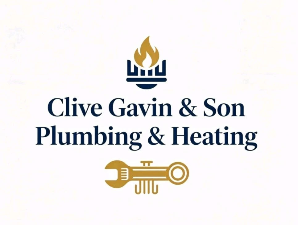Clive Gavin & Son Plumbing & Heating: navy and gold flame and spanner logo